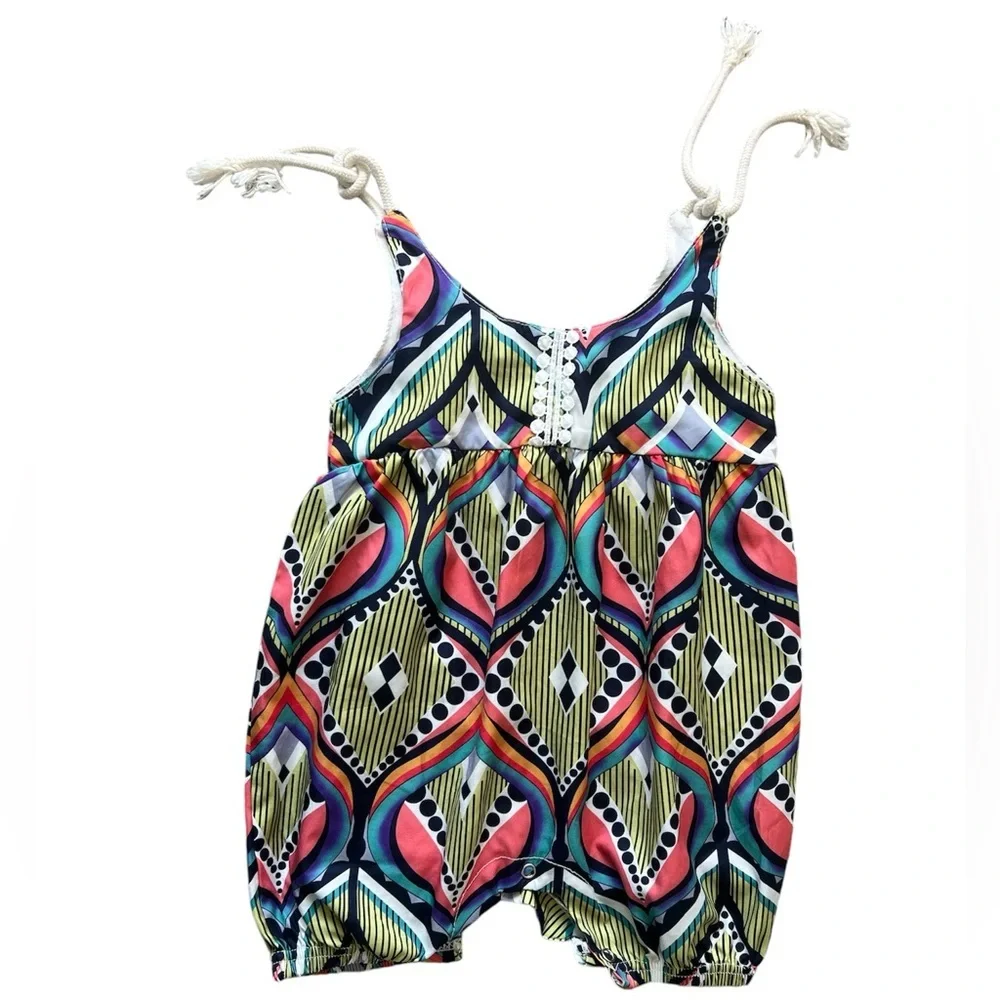 Baby Girl Boho Abstract Tie Bubble Romper | 9-12M